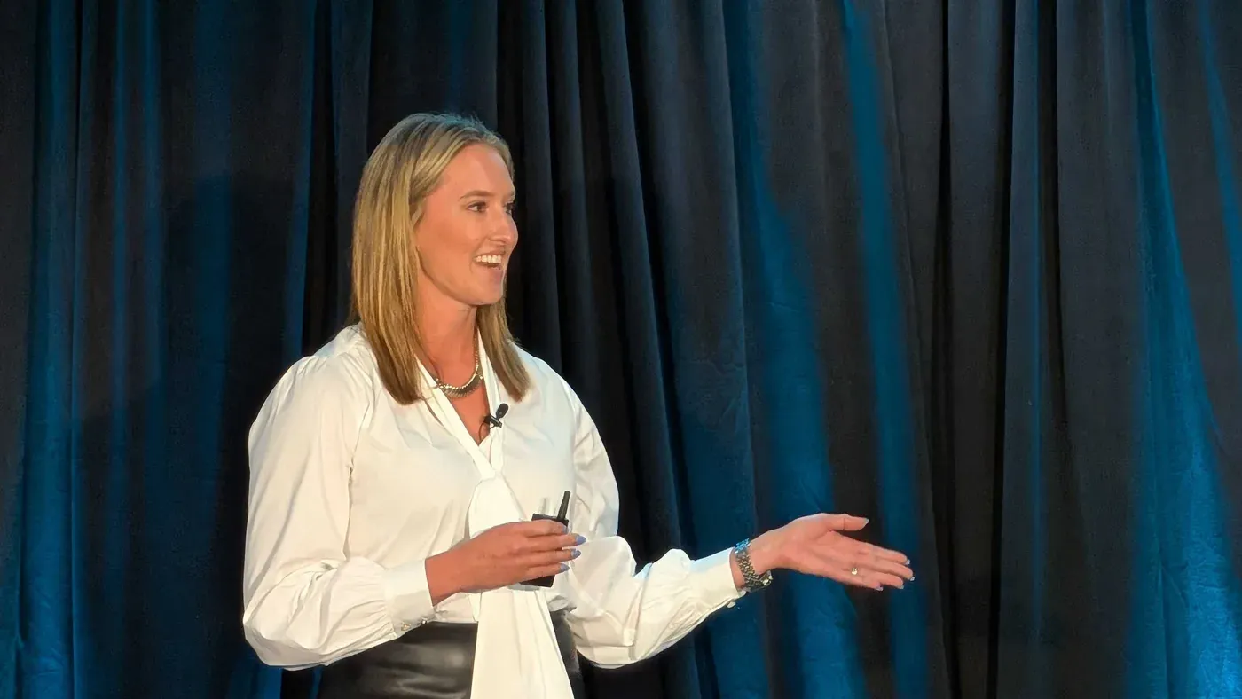 Ashley Rose, Living Security's CEO, on stage at HRMCon 2026 in Austin, where the 2026 State of Human Risk report was released