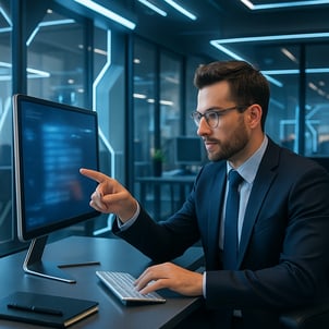 Professional pointing at their computer in a modern office environment Screen should not be readable Incorporate some futuristic elements or design