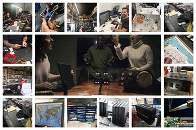 Collage of cyber escape room puzzles, tech setups, and participants