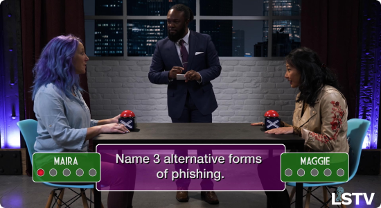 Image of people doing a cybersecurity quiz game show on TV, ideal for large companies