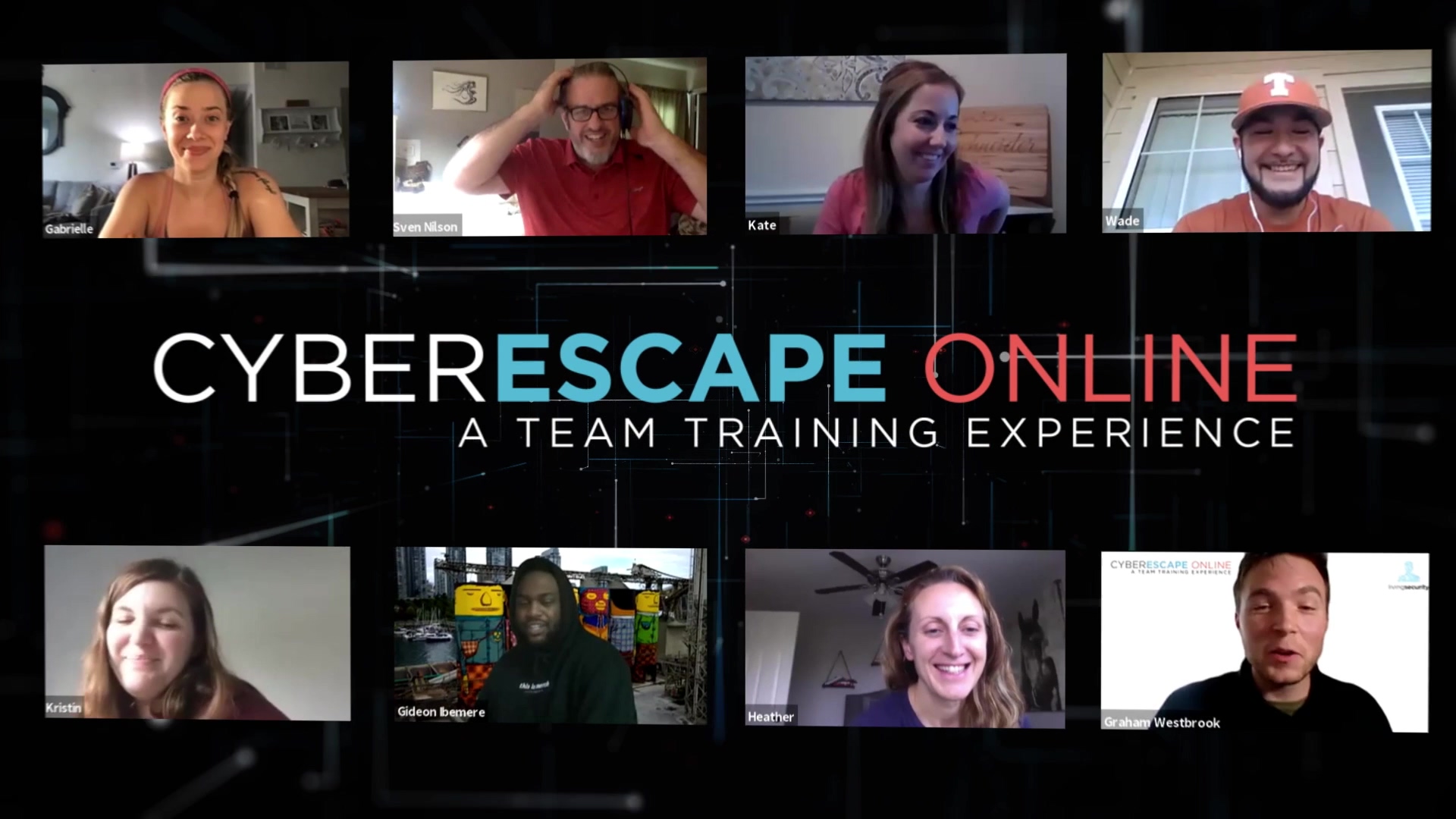 Image of people experiencing the CyberEscape Online team training, smiling
