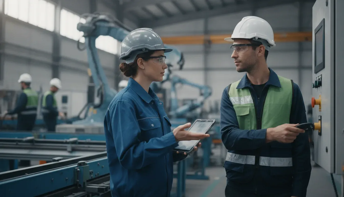 Frontline manufacturing workers discussing a secure maintenance handoff