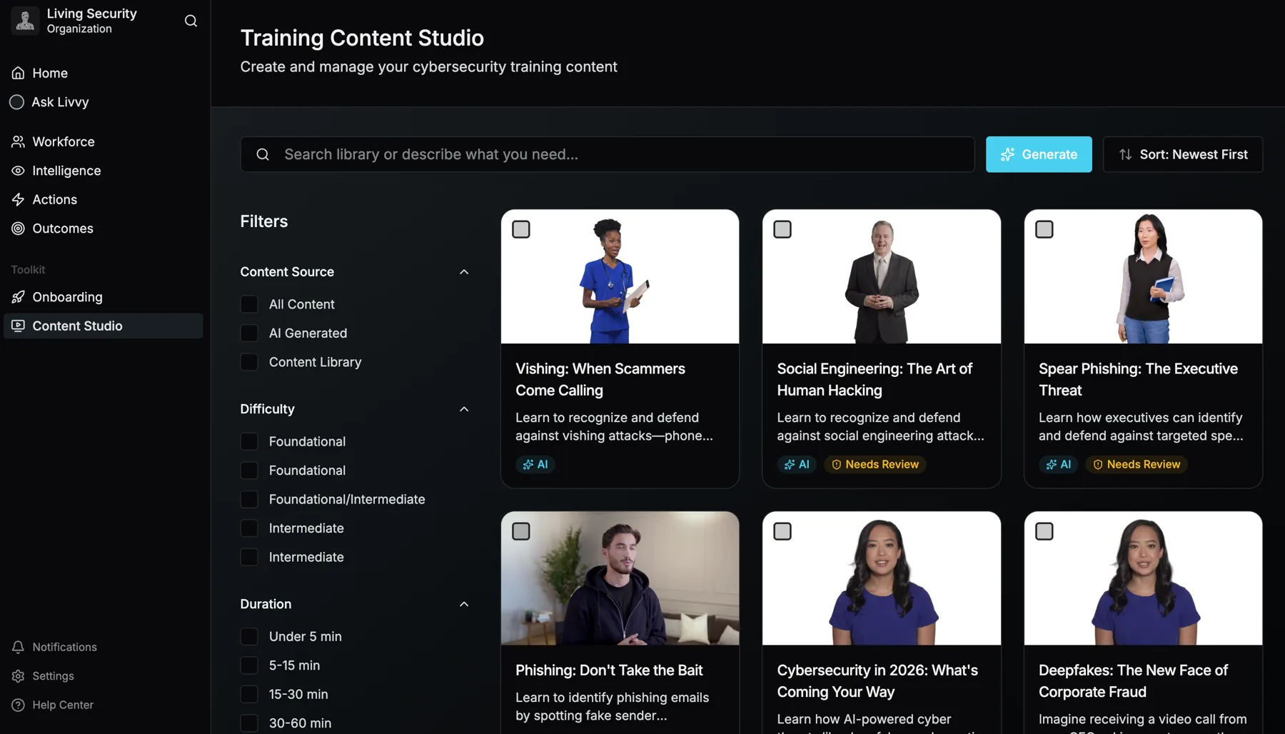 The Training Content Studio library in the Living Security Platform: a search box that also takes a description of what you need, a Generate button, filters for content source, difficulty and duration, and video cards with AI presenters, each marked AI and some marked Needs Review.