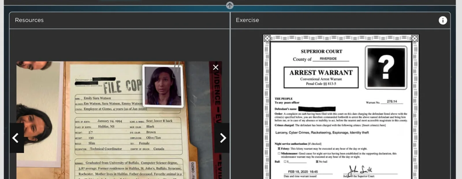 A CyberEscape Online puzzle: the Resources panel shows a suspect's file, and the Exercise panel shows an arrest warrant with the defendant's name blacked out for the team to work out.