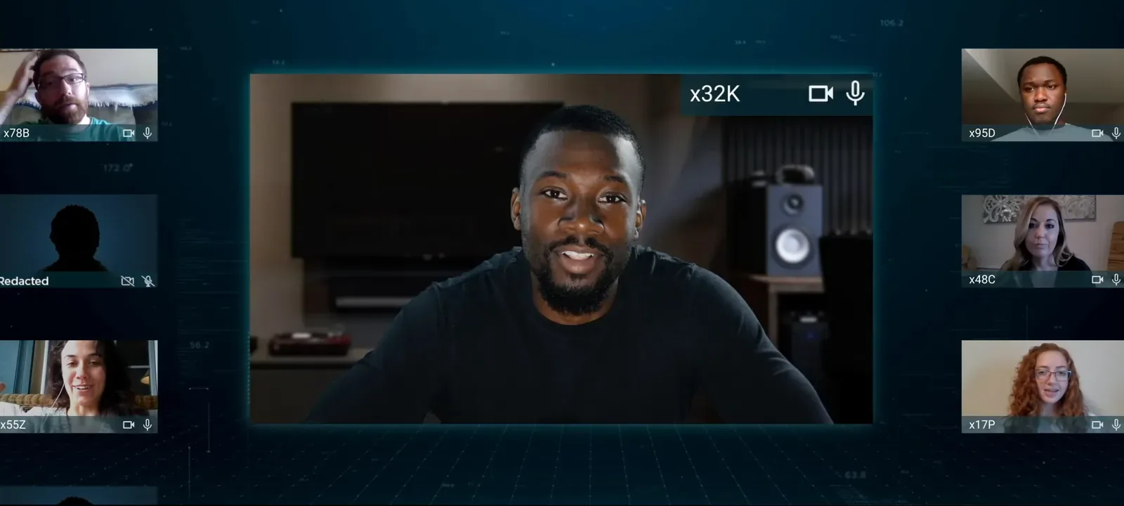 A CyberEscape Online session: the story's presenter speaks on video in the middle while the team's cameras run down both sides.