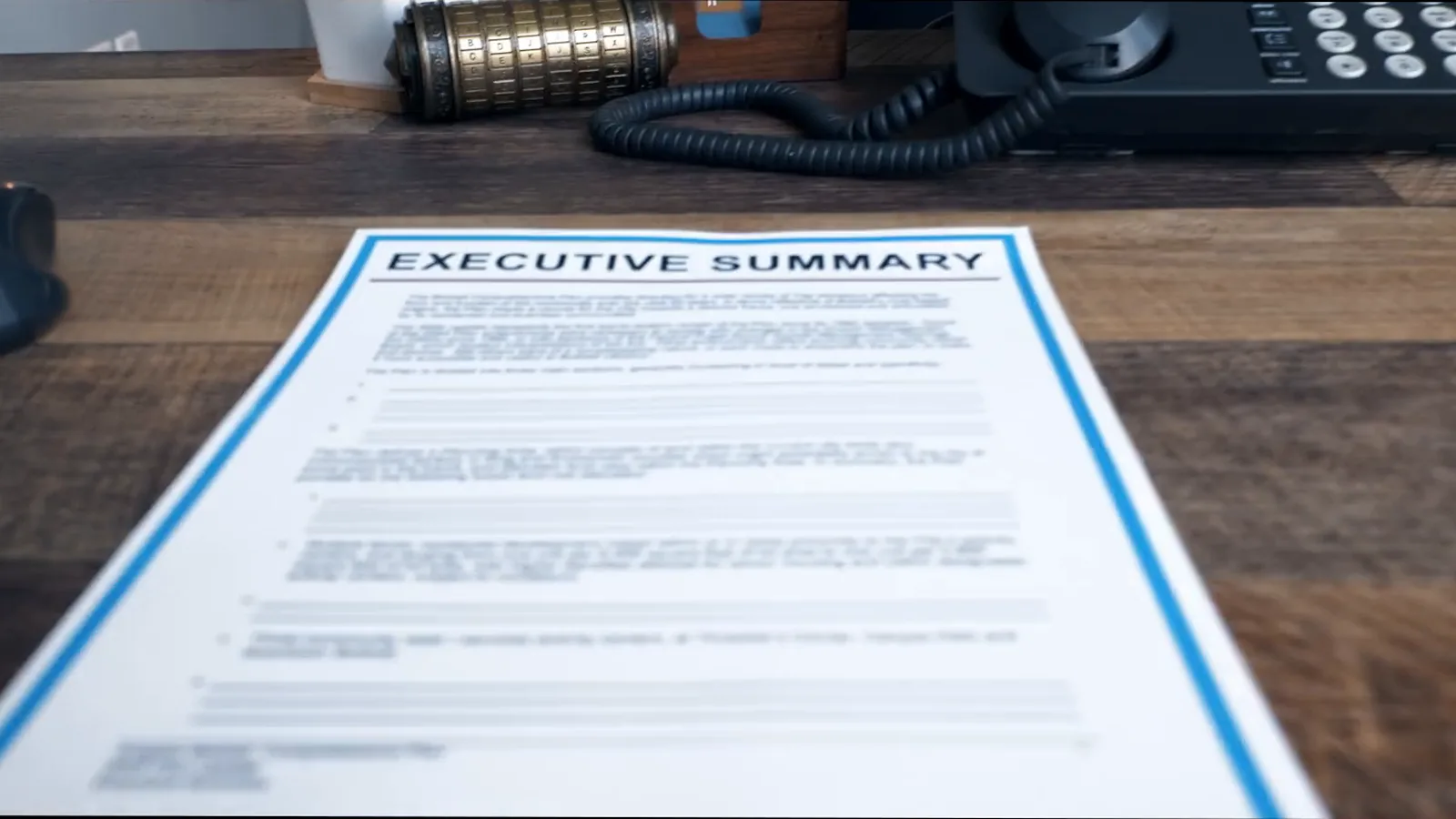 An executive summary of the incident lies on a conference table next to a phone.