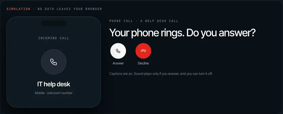 An incoming call from the IT help desk, with Answer and Decline buttons.